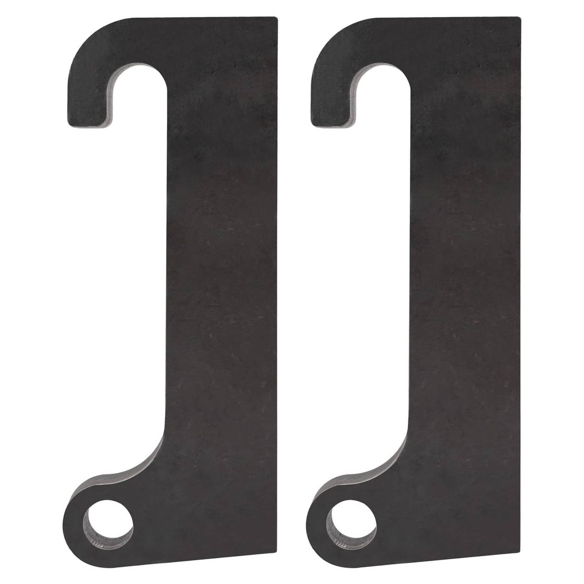 Pair of dark steel loader mount brackets with U notch tops and round bolt holes