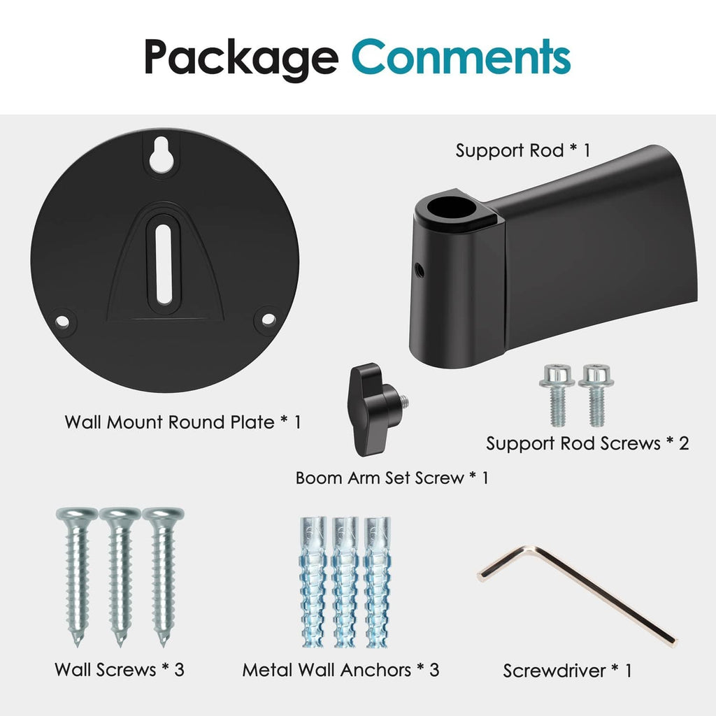 Black wall-mount boom arm kit with round plate, support rod, and mounting hardware