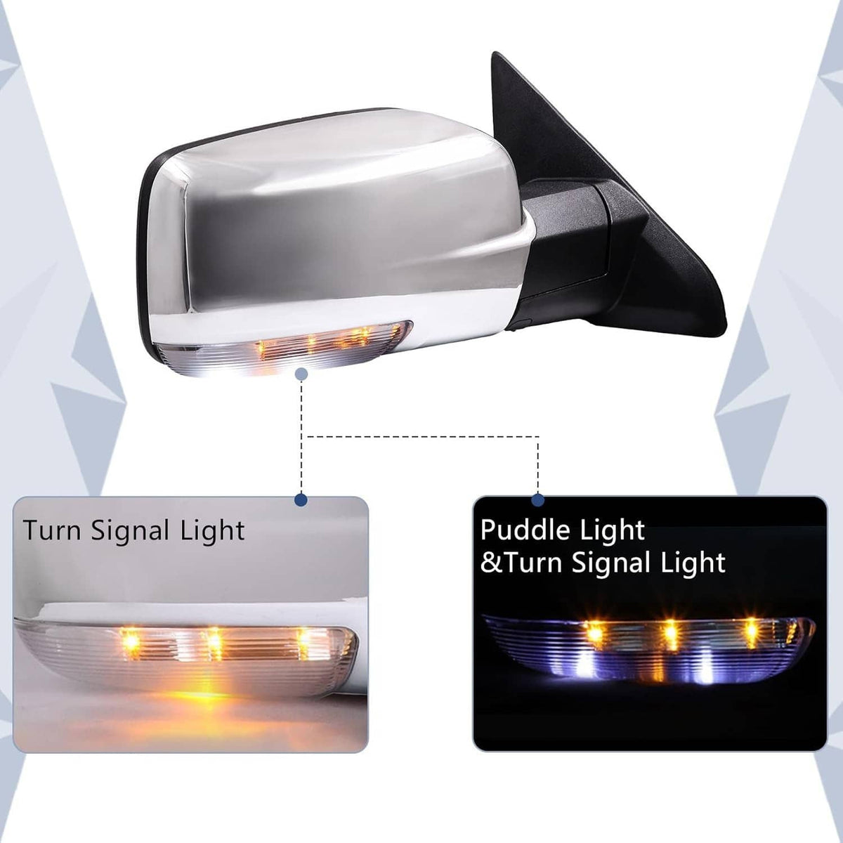 Right side mirror with turn-signal and puddle light sections, black housing and glass.