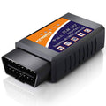 Black OBD2 Wi‑Fi car code reader with orange label and front OBD port.