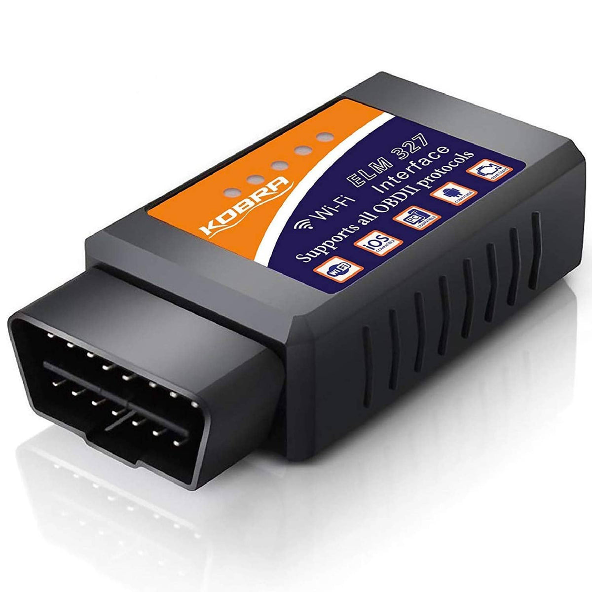 Black OBD2 Wi‑Fi car code reader with orange label and front OBD port.