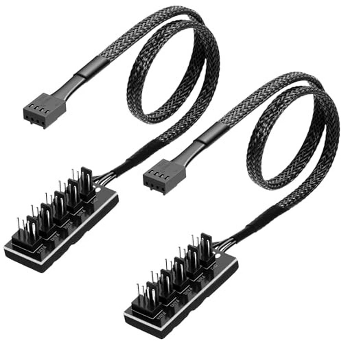 Dual 4-pin PC PWM fan hub splitter with braided cable leads and connectors