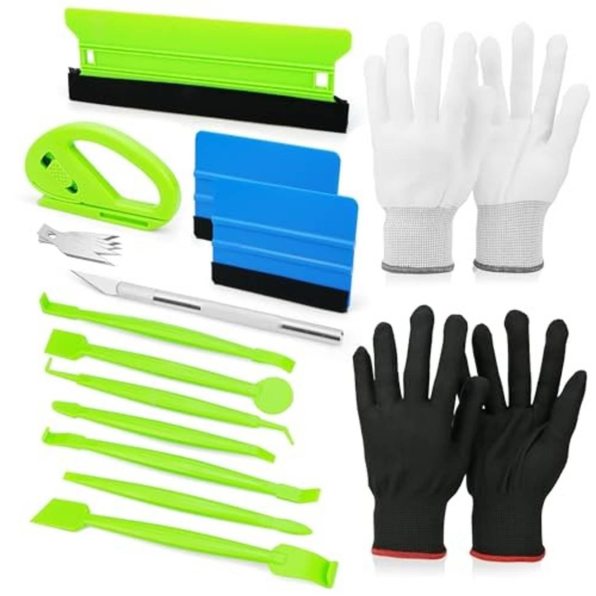 Vehicle vinyl wrap tools kit with felt squeegees and pair of work gloves