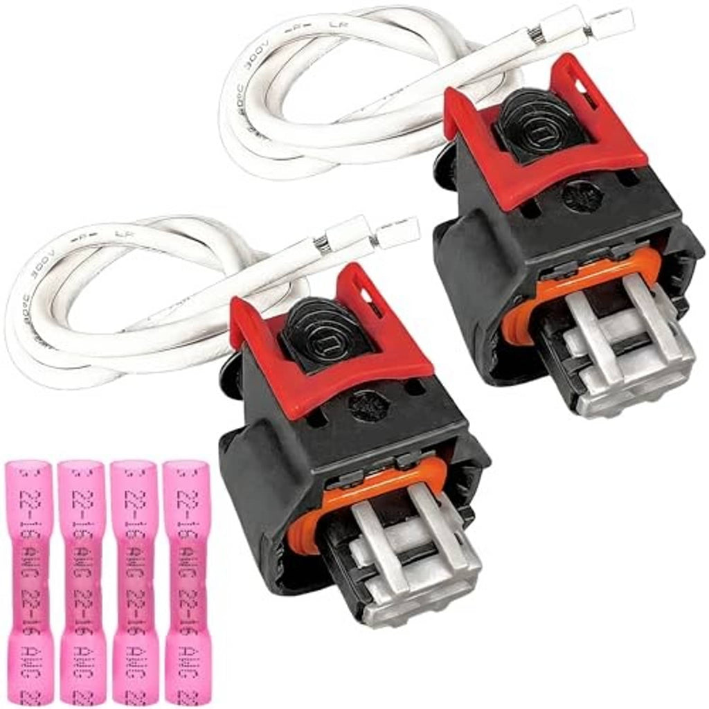 2-pin auto sensor connector harness set: two black plugs, red tabs, white wires, pink labels