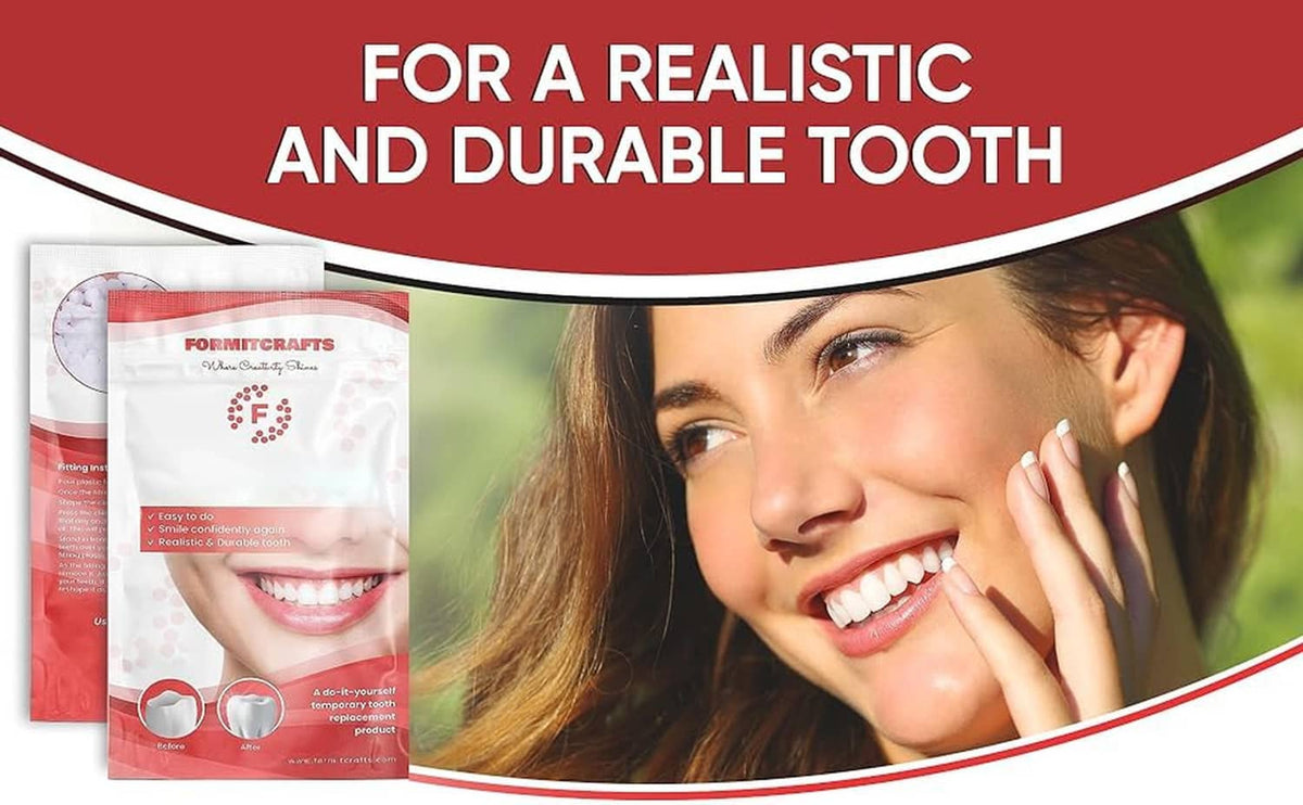 Thermoplastic tooth repair beads pouch shown in ad banner for realistic, durable tooth