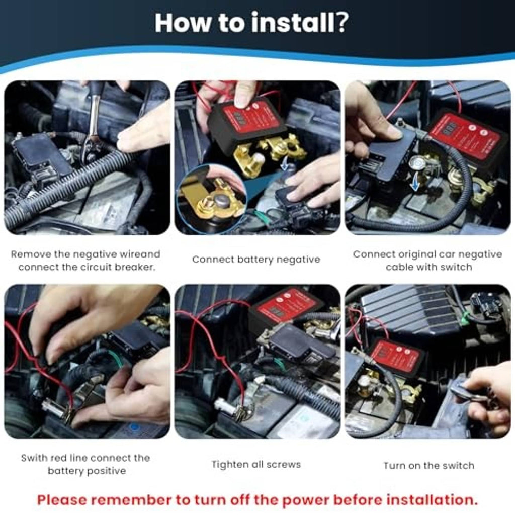 Battery disconnect switch installation guide showing wiring steps to the battery terminals.
