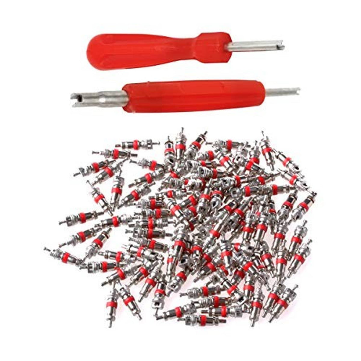 Red-and-silver 2-in-1 tire tool set with valve core remover ends and metal prongs
