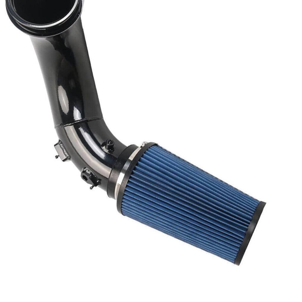 Blue cone dry air intake filter with black inlet hose and mounting clamp