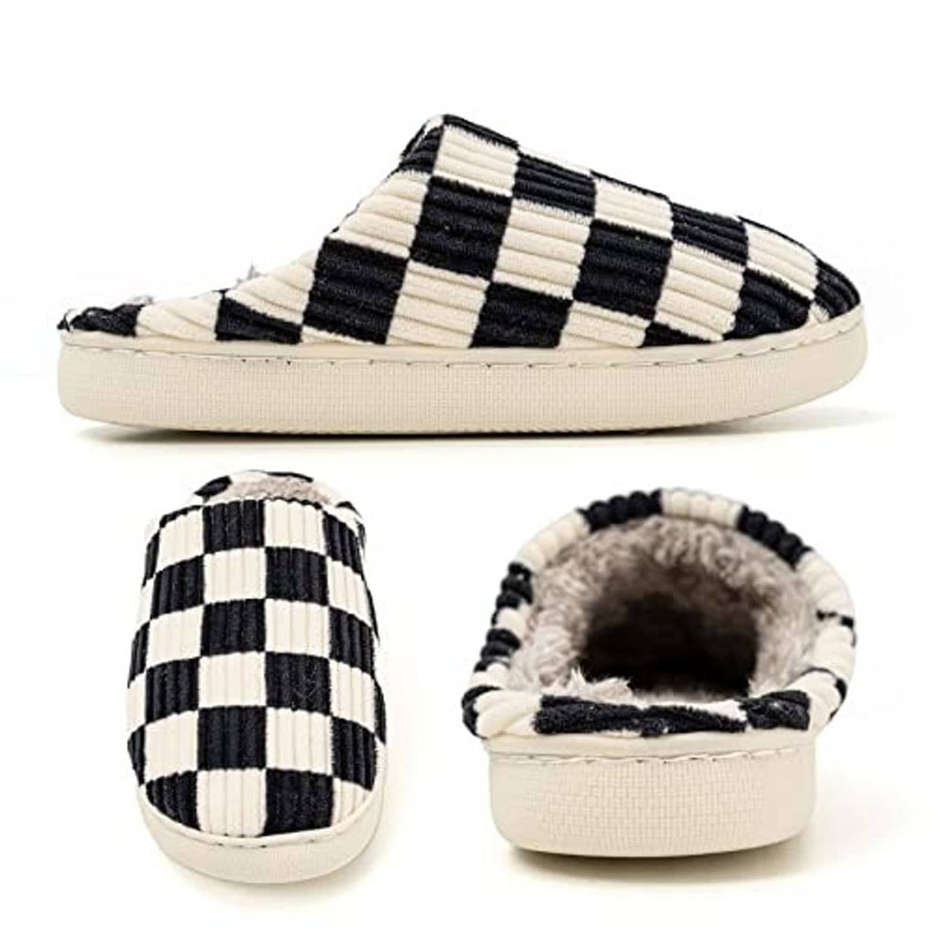 Black-and-cream plaid fuzzy slide slippers with open back and plush lining