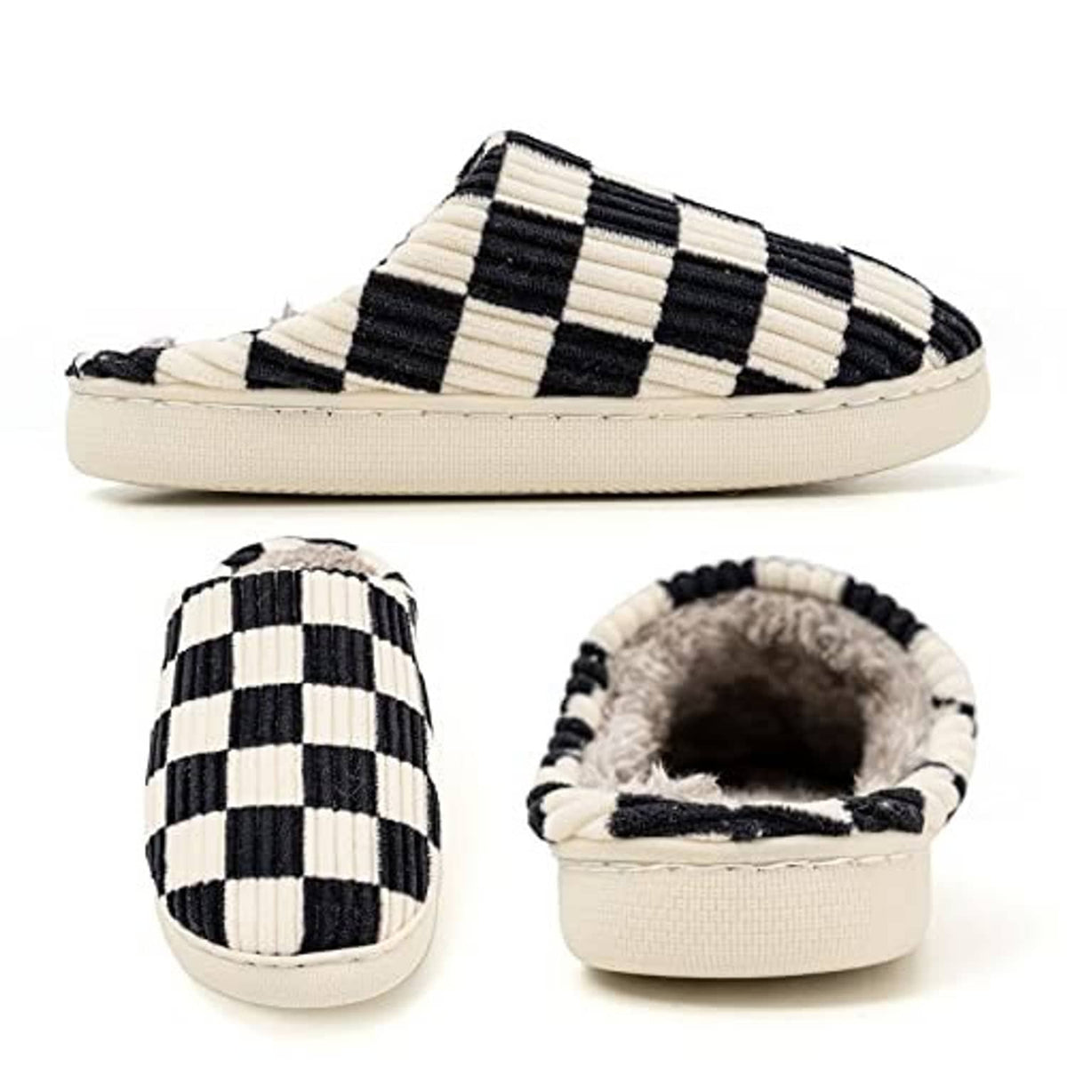 Black-and-cream plaid fuzzy slide slippers with open back and plush lining