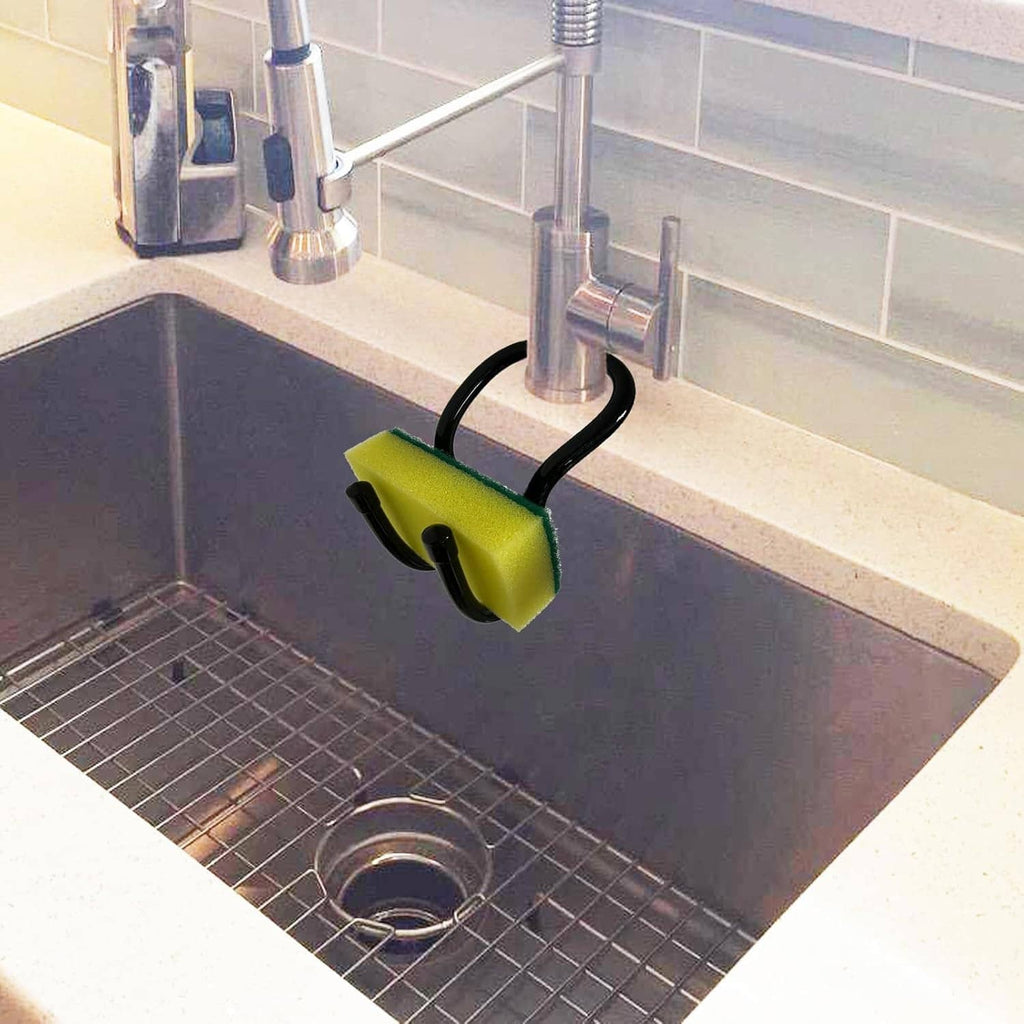 Hanging sink sponge holder with yellow sponge and black hooks under faucet