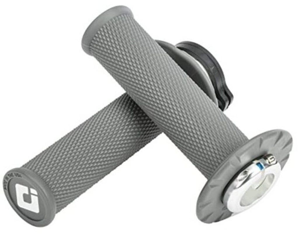 Graphite dirt bike handlebar grips, textured rubber with gray end caps and aluminum collar