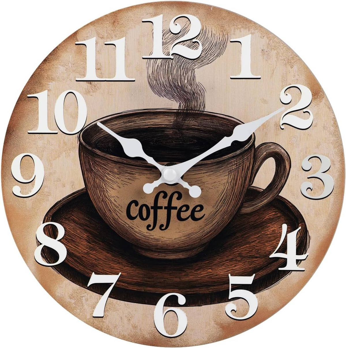 Round wall clock with rustic coffee cup design, Arabic numerals, and white hands