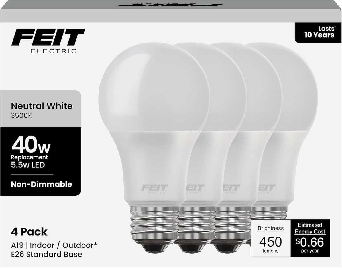 Boxed four-pack A19 LED bulbs, frosted neutral white, non-dimmable, E26 base