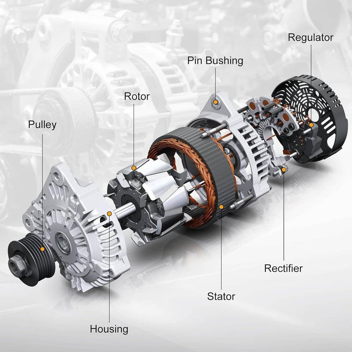 Cutaway alternator showing rotor, stator, rectifier, regulator, and housing components
