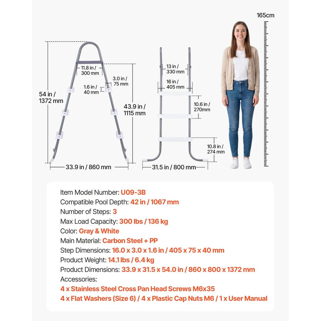 3-step A-frame pool ladder dimensions diagram with compatible wall-height layout