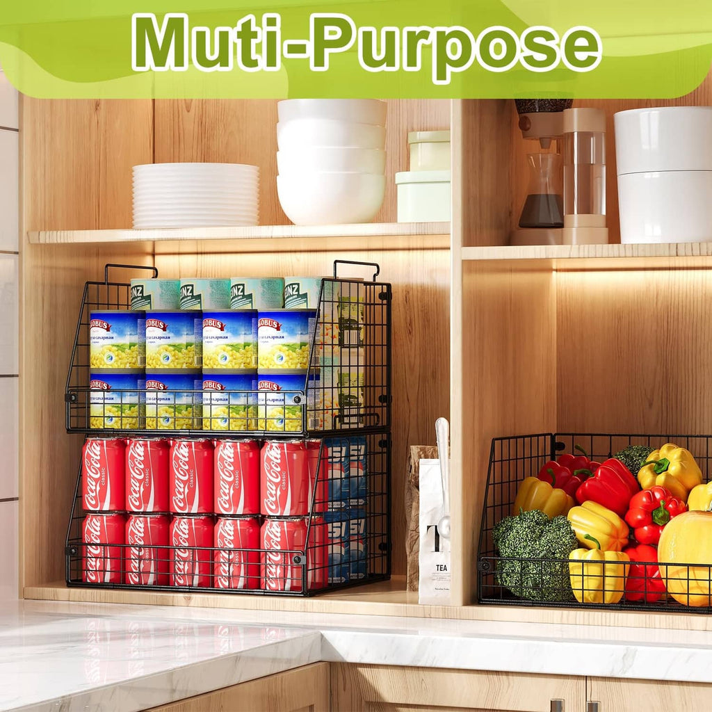 Black wire storage baskets on pantry shelves, one holding canned goods