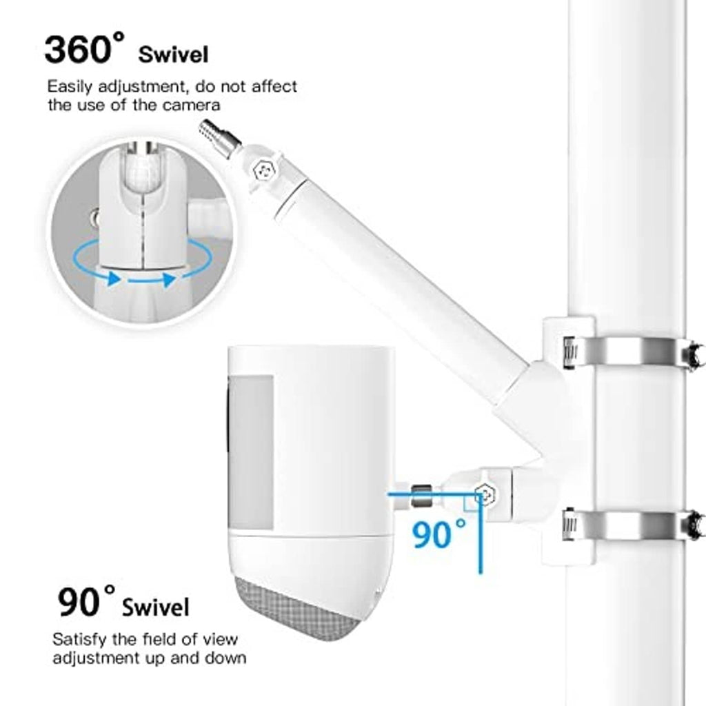 White pole mount bracket with 360° swivel camera arm and clamp hardware