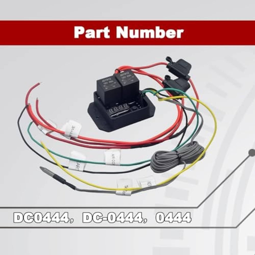 Radiator fan controller kit with black module, red cables, sensor leads, and connectors