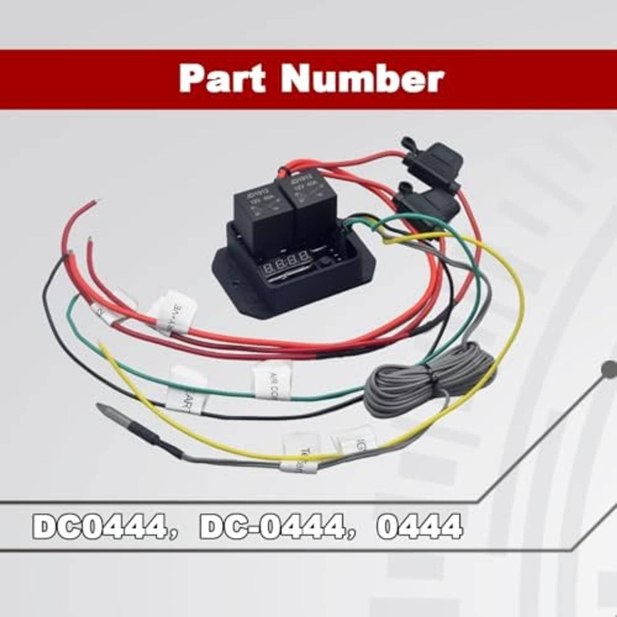 Radiator fan controller kit with black module, red cables, sensor leads, and connectors
