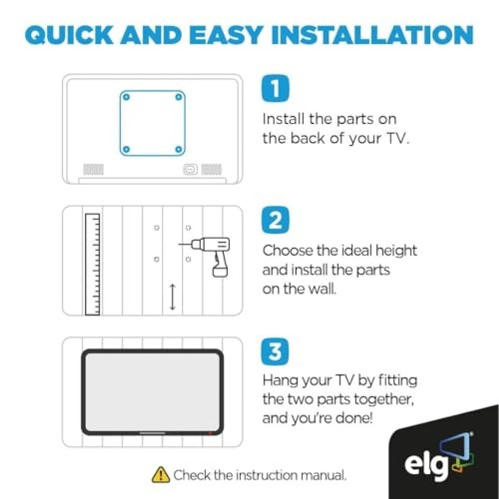 Installation steps graphic showing black TV wall mount parts