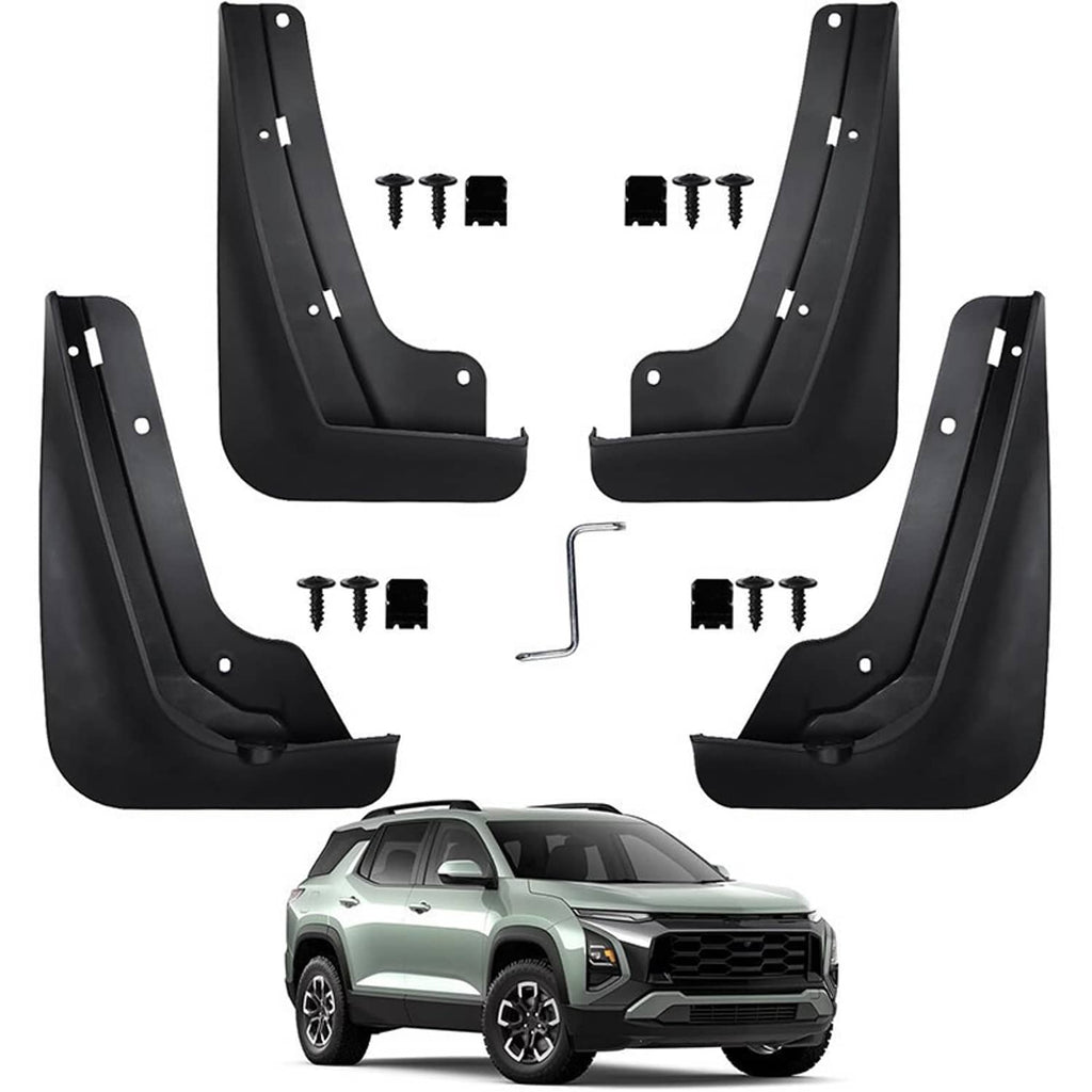 Four-piece black mud flap set with screws and installation bracket