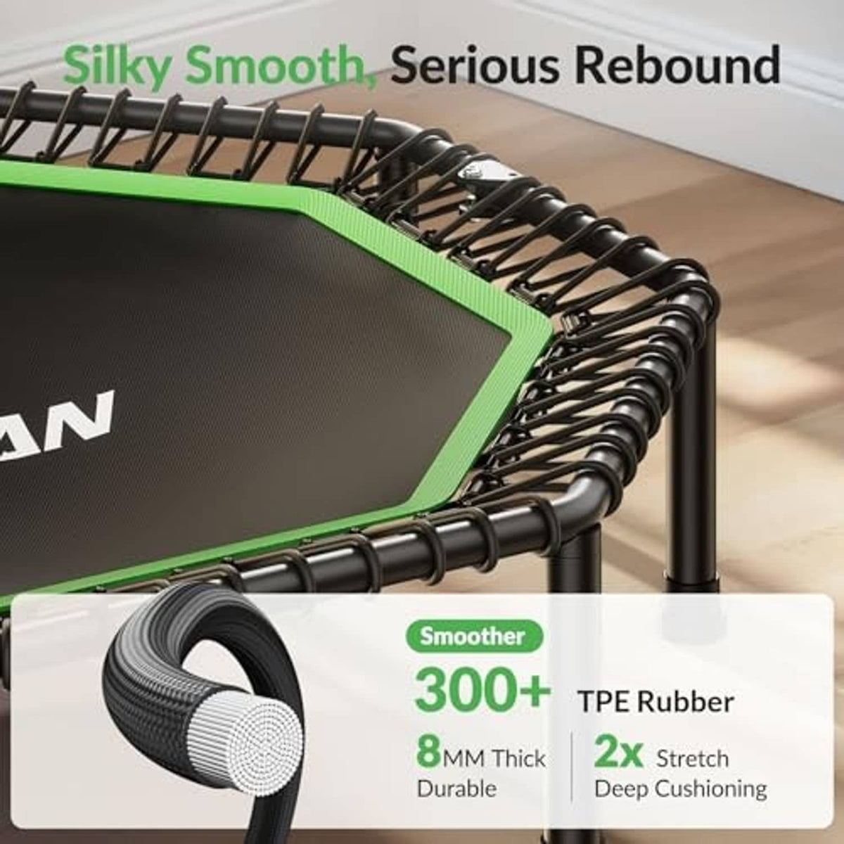 Octagonal rebounder trampoline close-up: green-rim mat and black TPE rubber spring bed