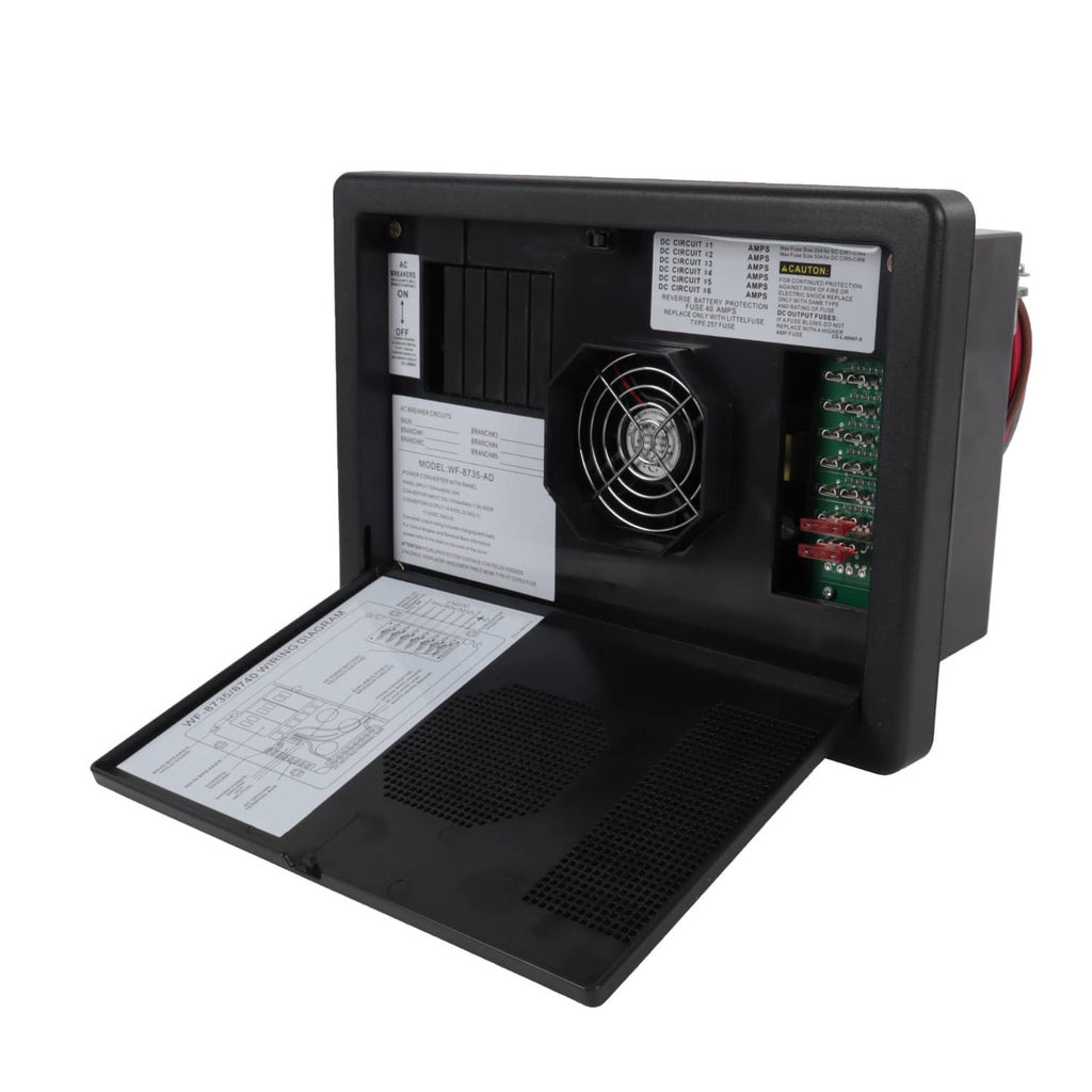RV power converter battery charger with open housing, cooling fan, and circuit boards