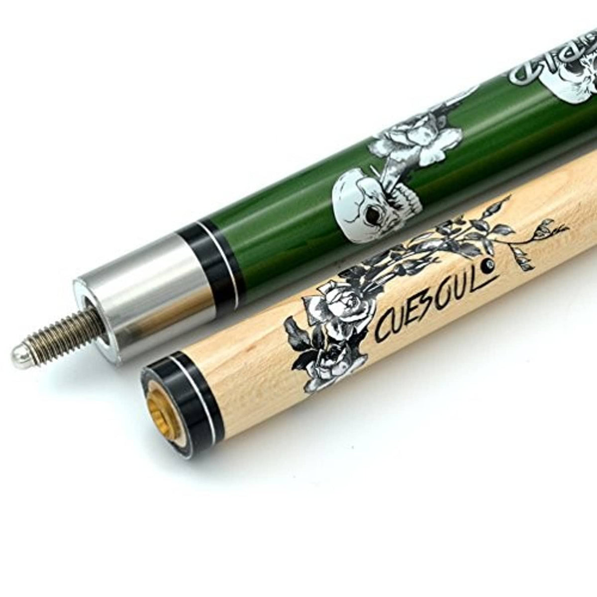 Two-piece pool cue with threaded metal joint and decorative green and wood shafts