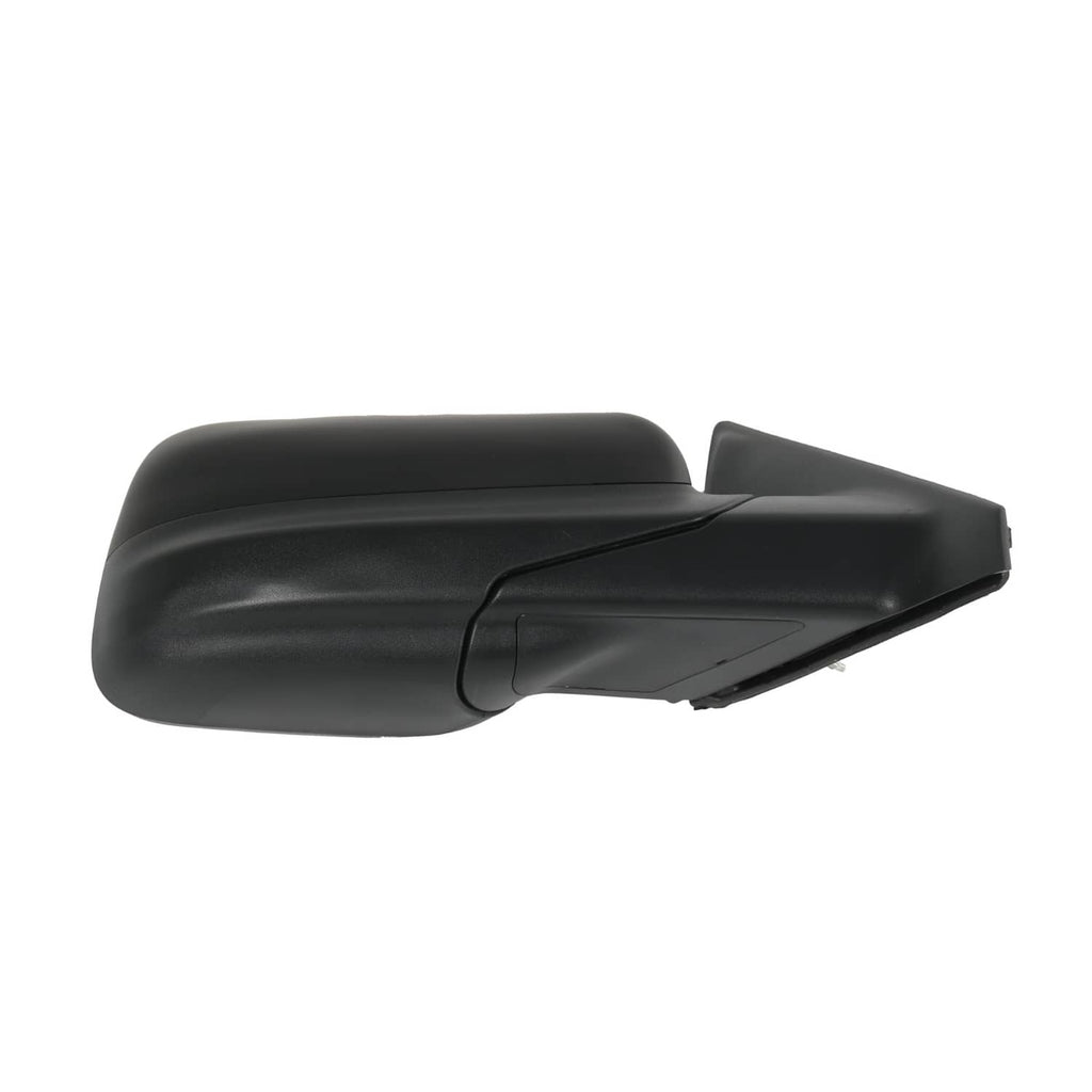 Textured black side mirror with folded joint seam and contoured backing
