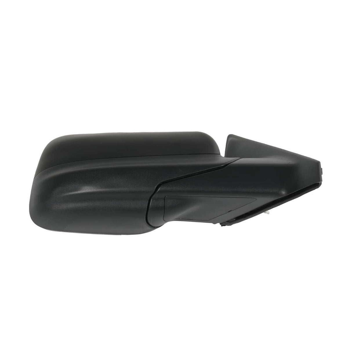 Textured black side mirror with folded joint seam and contoured backing