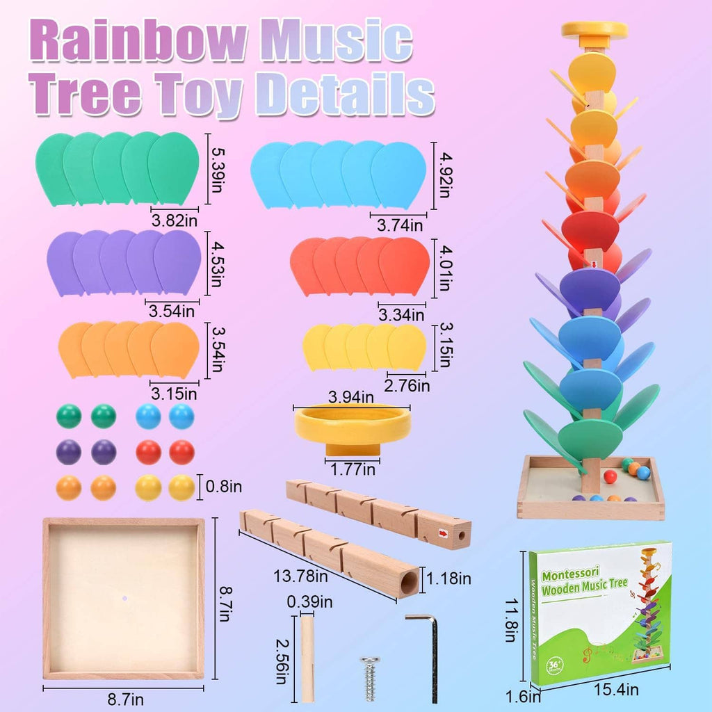 Rainbow music tree toy details infographic with colored channels and size measurements