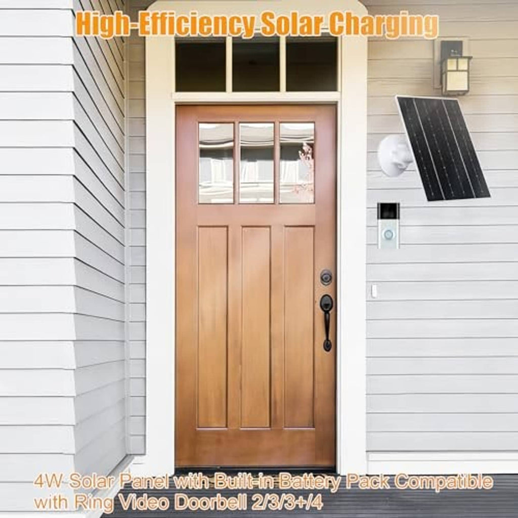 Wall-mounted solar charging panel with battery pack beside a doorbell on a home exterior
