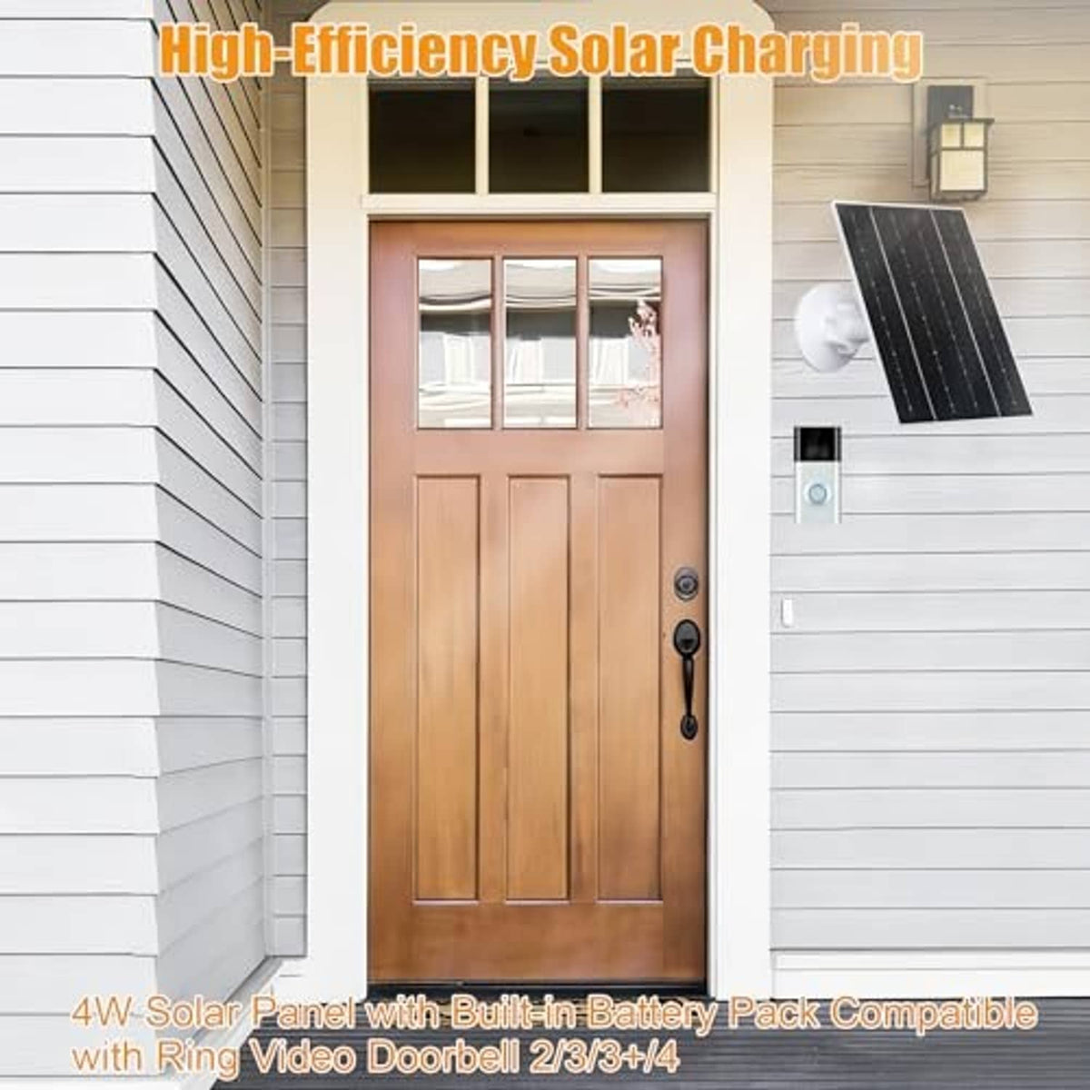 Wall-mounted solar charging panel with battery pack beside a doorbell on a home exterior