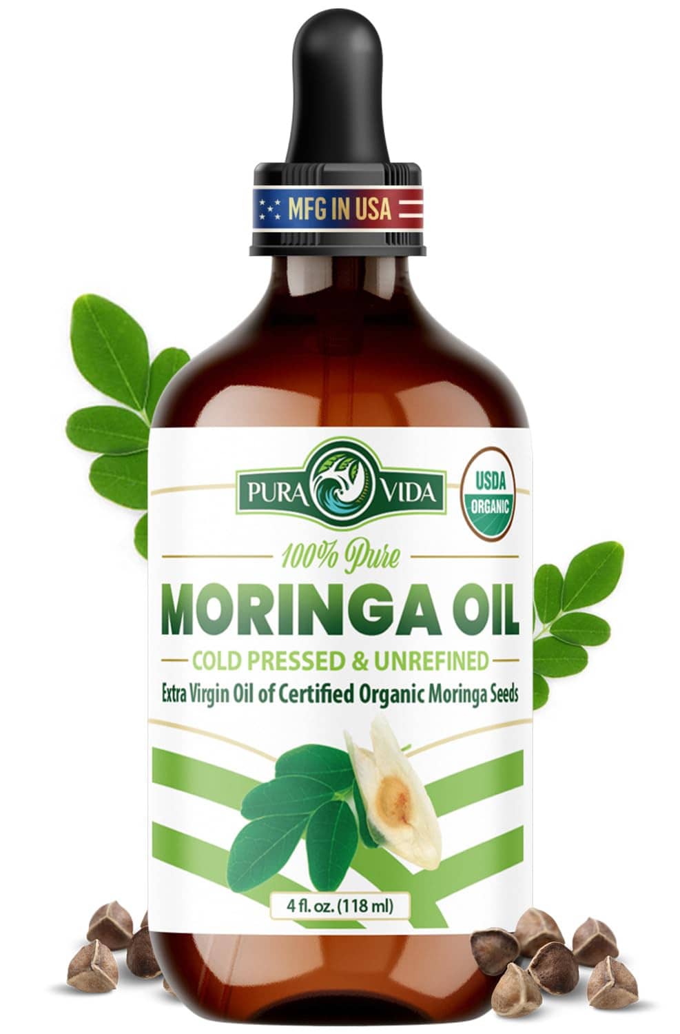 Moringa oil in dark amber glass bottle with black dropper, green leaf label