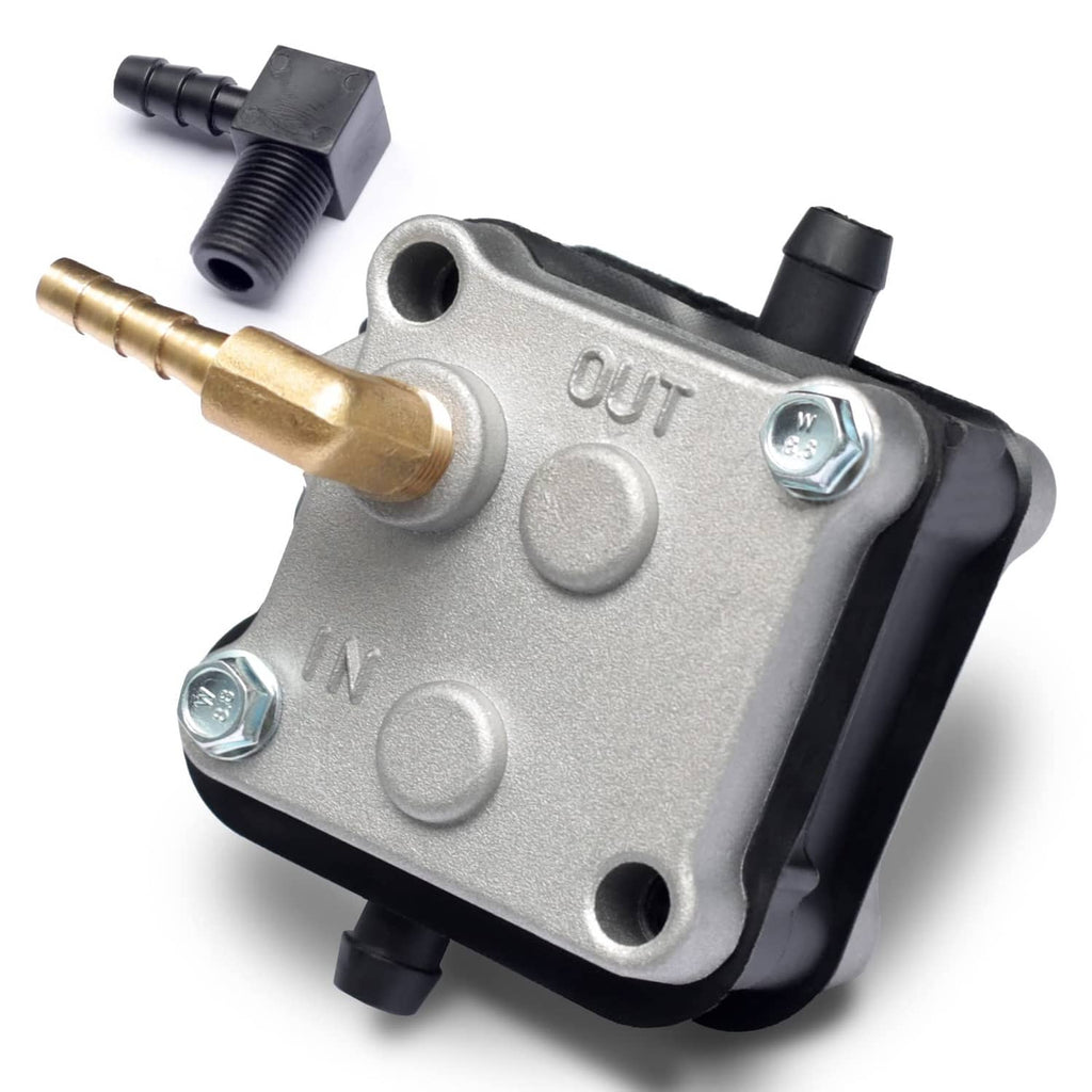 Silver fuel pump with brass fitting, black inlet/outlet ports, and mounting screws.