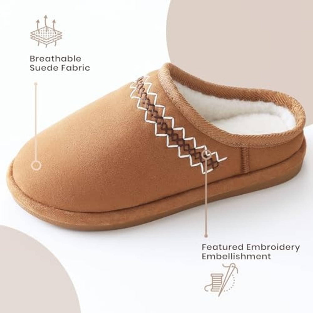 Chestnut suede slip-on slippers with thick faux-fur lining and zigzag embroidered seam