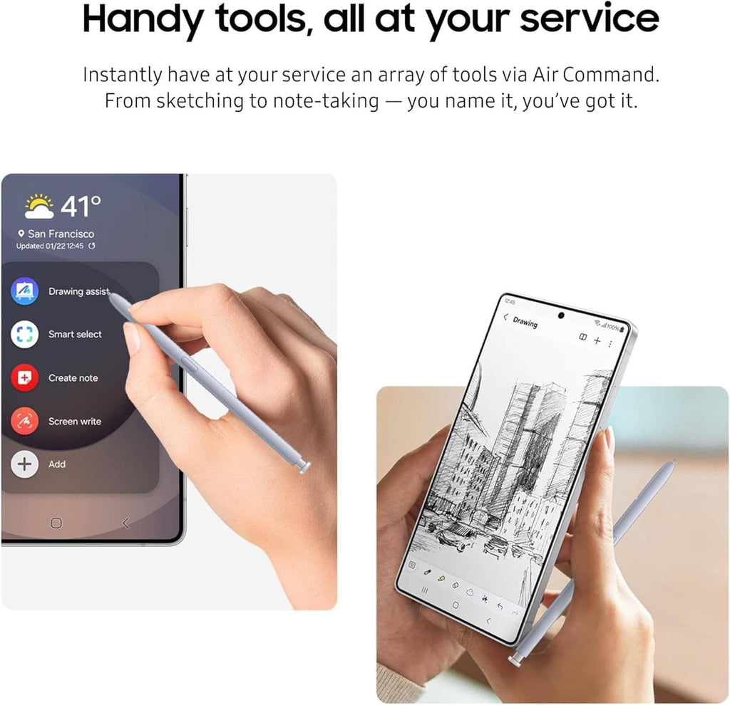 Light silver S Pen replacement stylus held in hand, pointed tip forward
