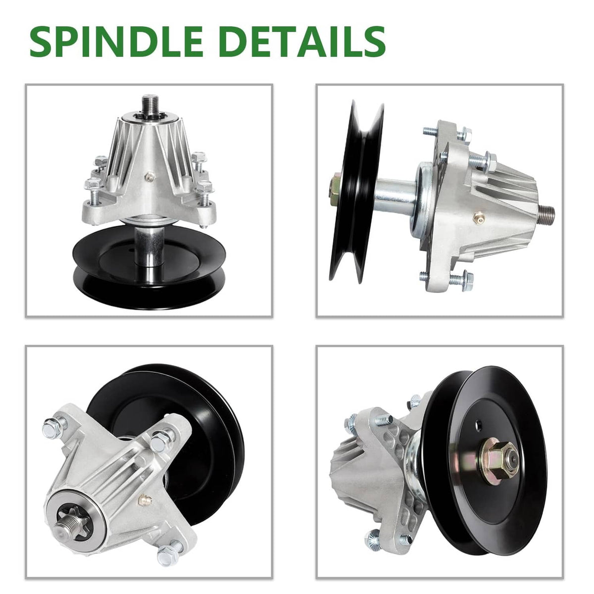 Mower spindle assembly details showing silver housing and black pulley wheel