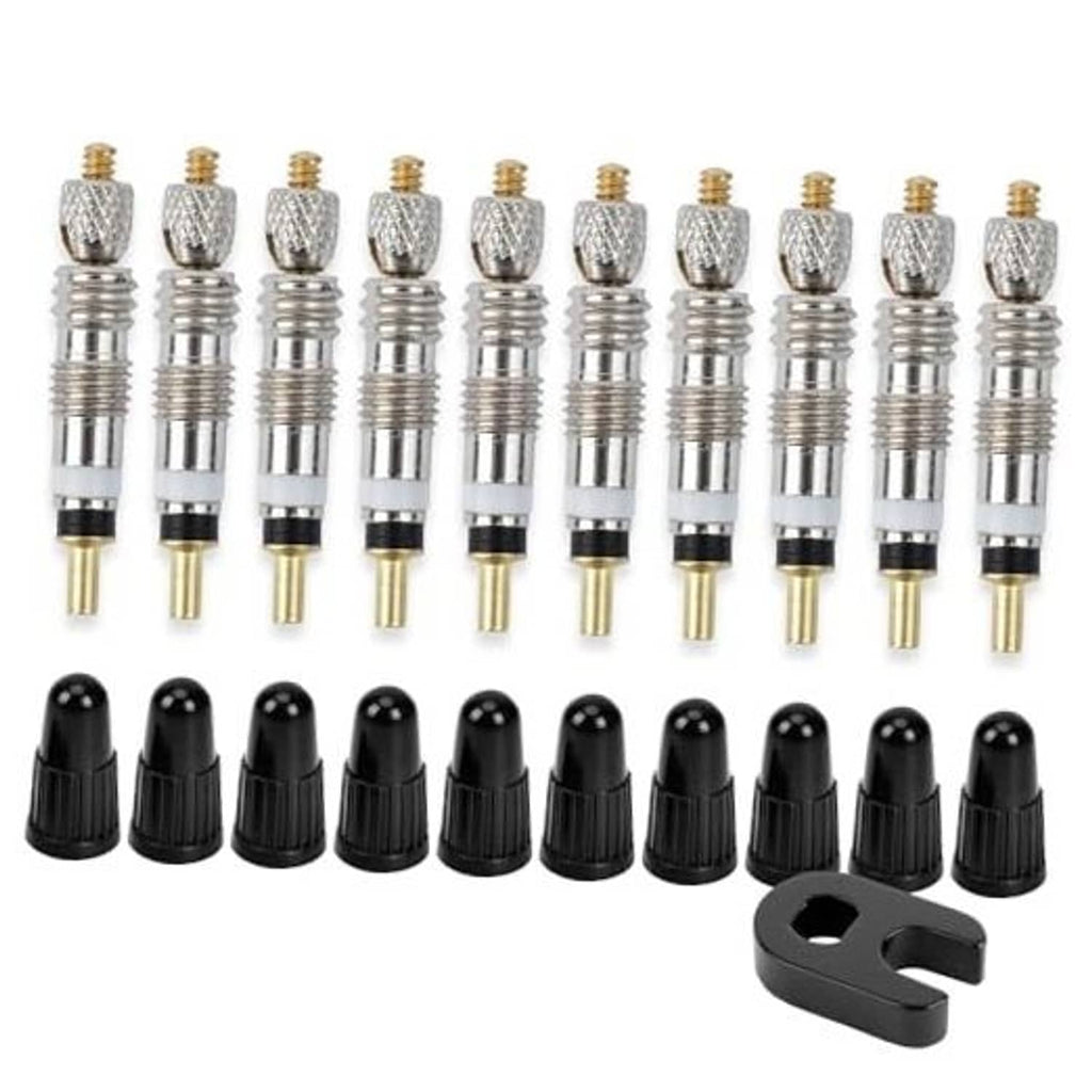 Presta valve core kit with metal cores, black caps, and removal tool