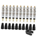 Presta valve core kit with metal cores, black caps, and removal tool