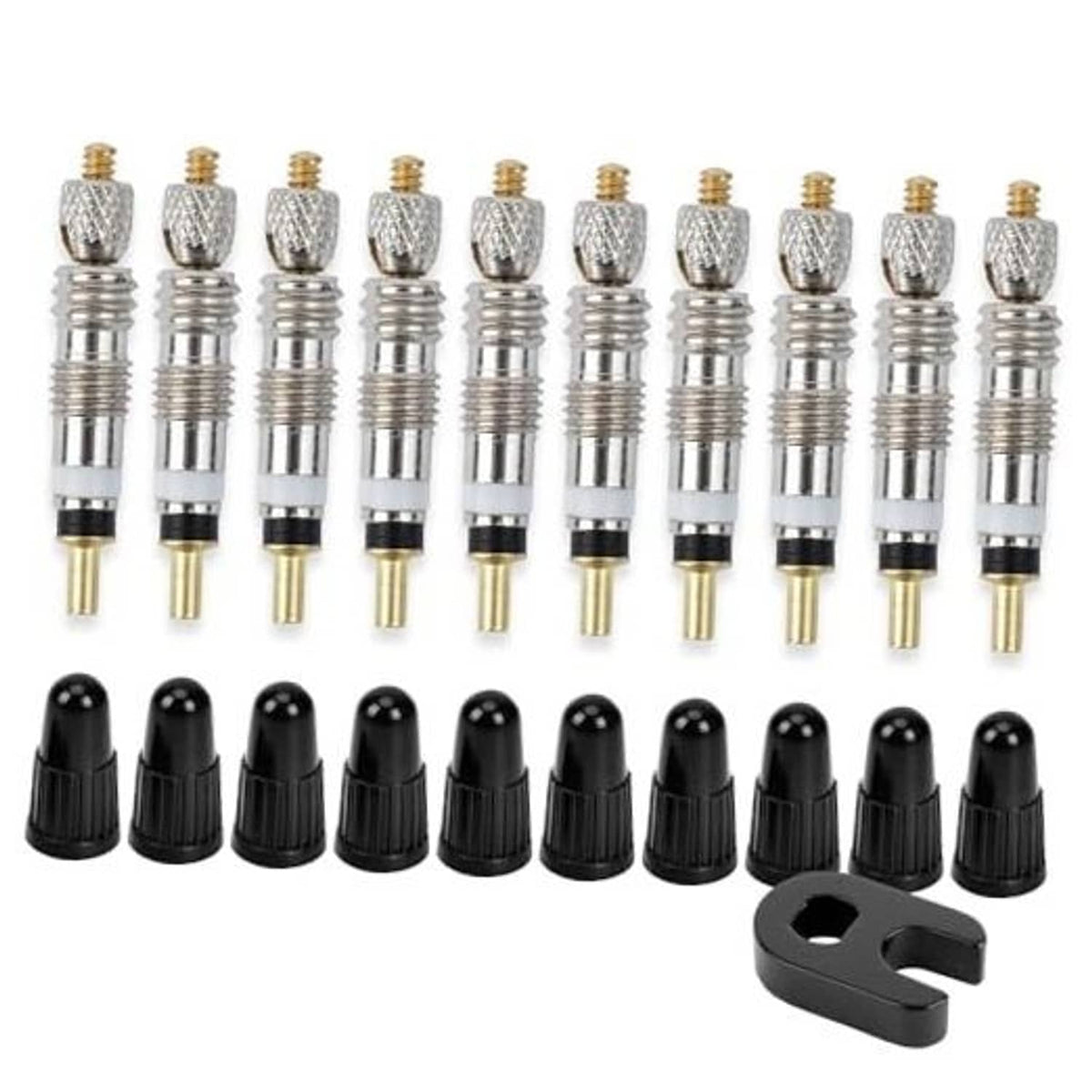 Presta valve core kit with metal cores, black caps, and removal tool