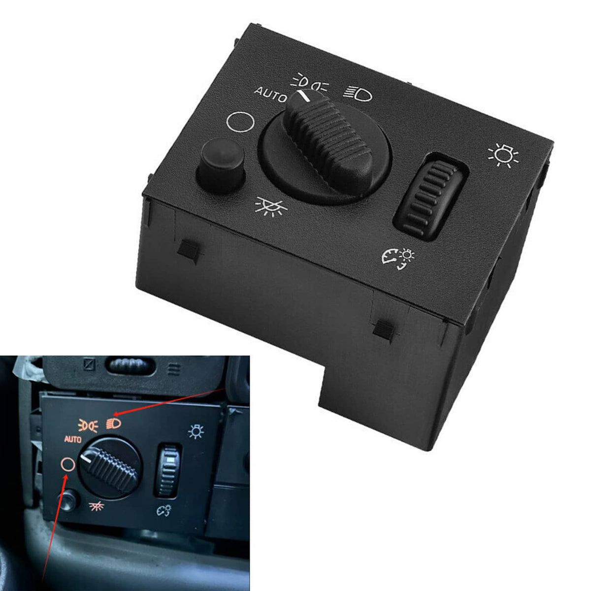 Black headlight switch with round knob and vertical rocker, shown at three-quarter angle