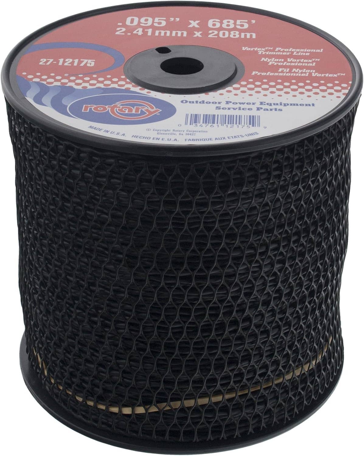 Black trimmer line spool side view with mesh texture and 0.095" x 685' text