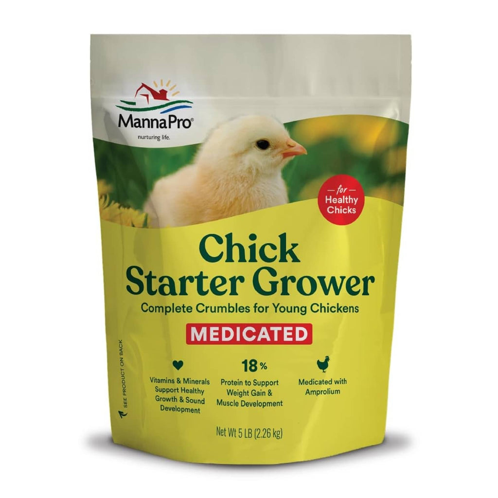 Medicated chick starter grower feed bag with 18% protein and young chicks badge on front