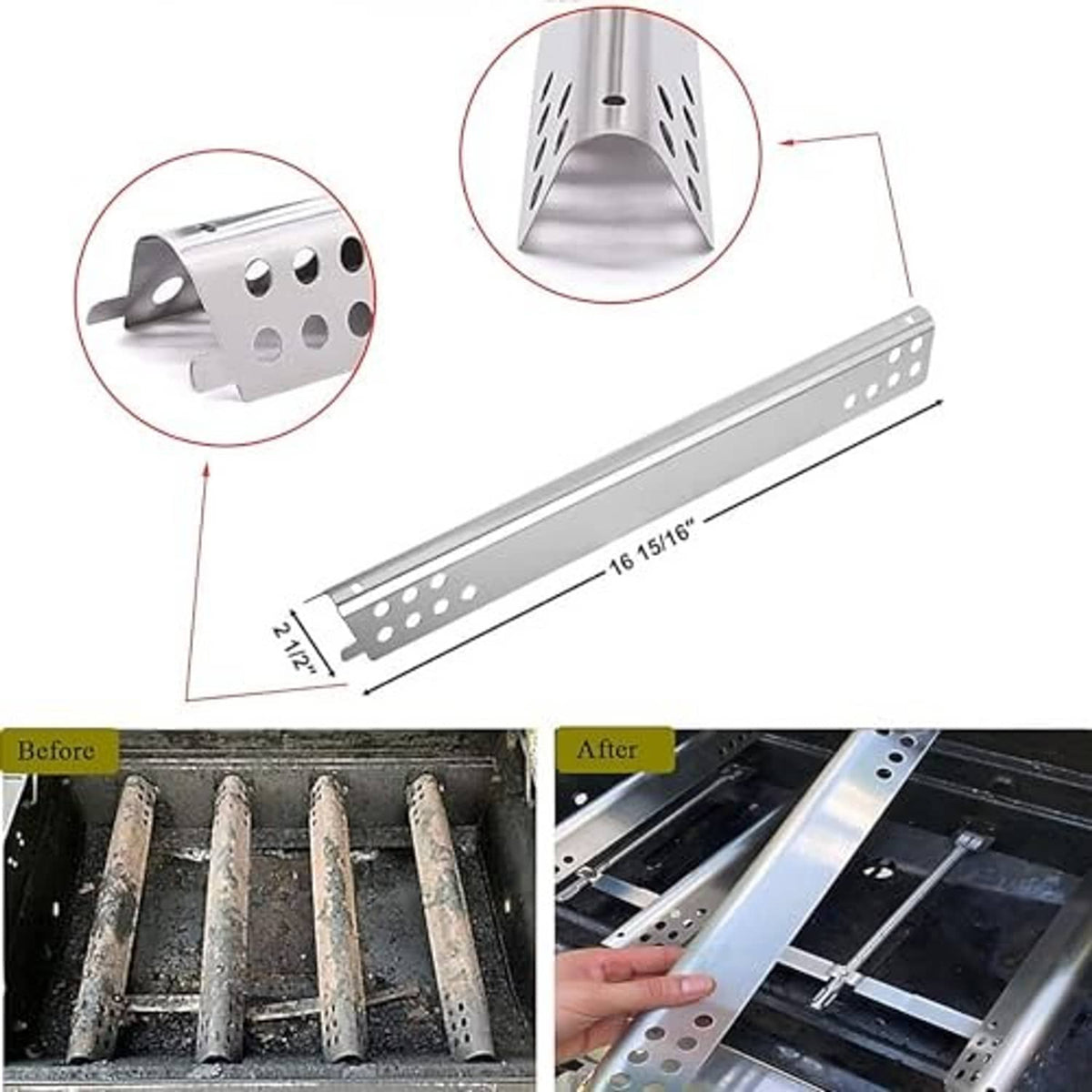 Perforated stainless steel heat plate with mounting tabs; shown before and after install.