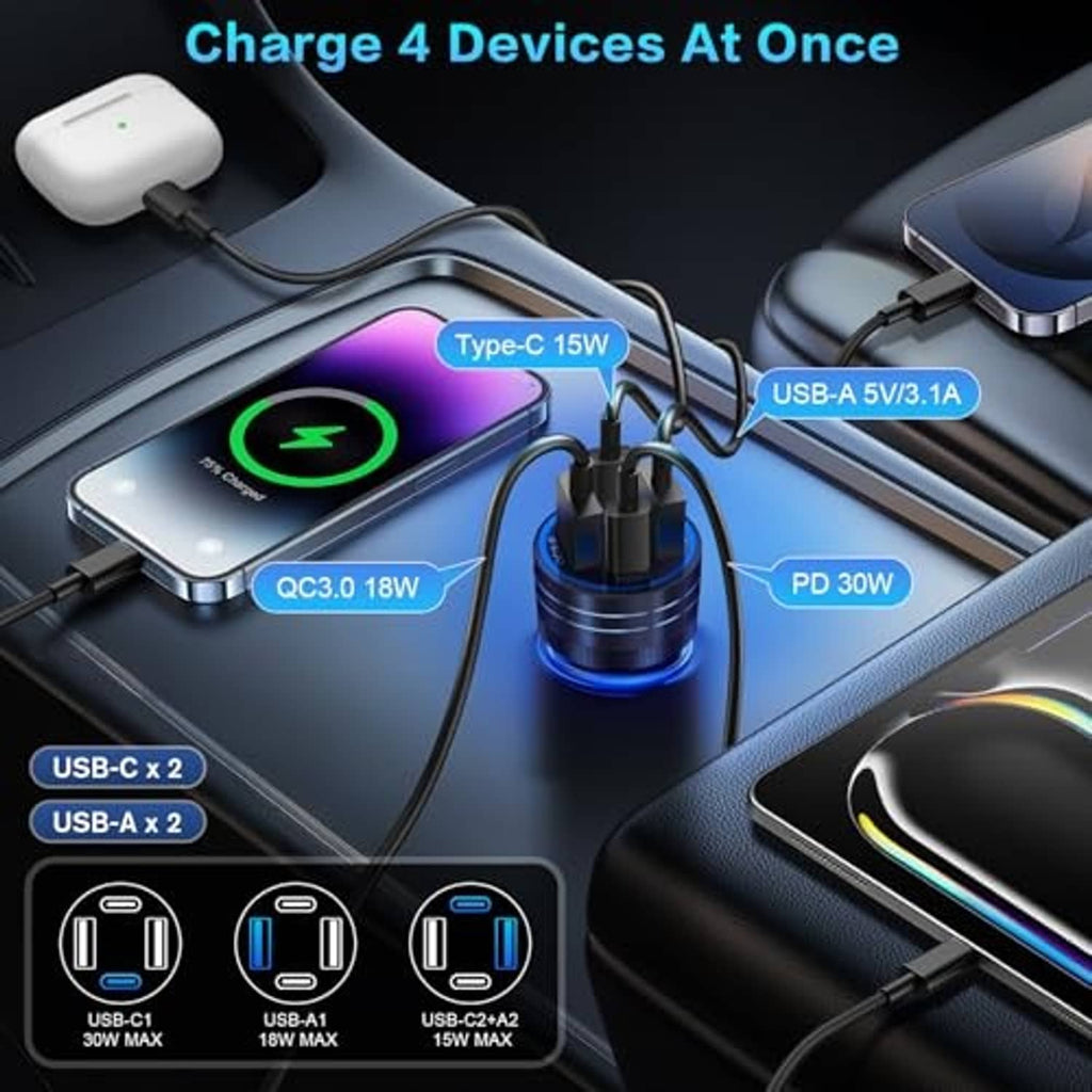 Multi-port black car USB-C charger hub with blue LED readout and several device cables