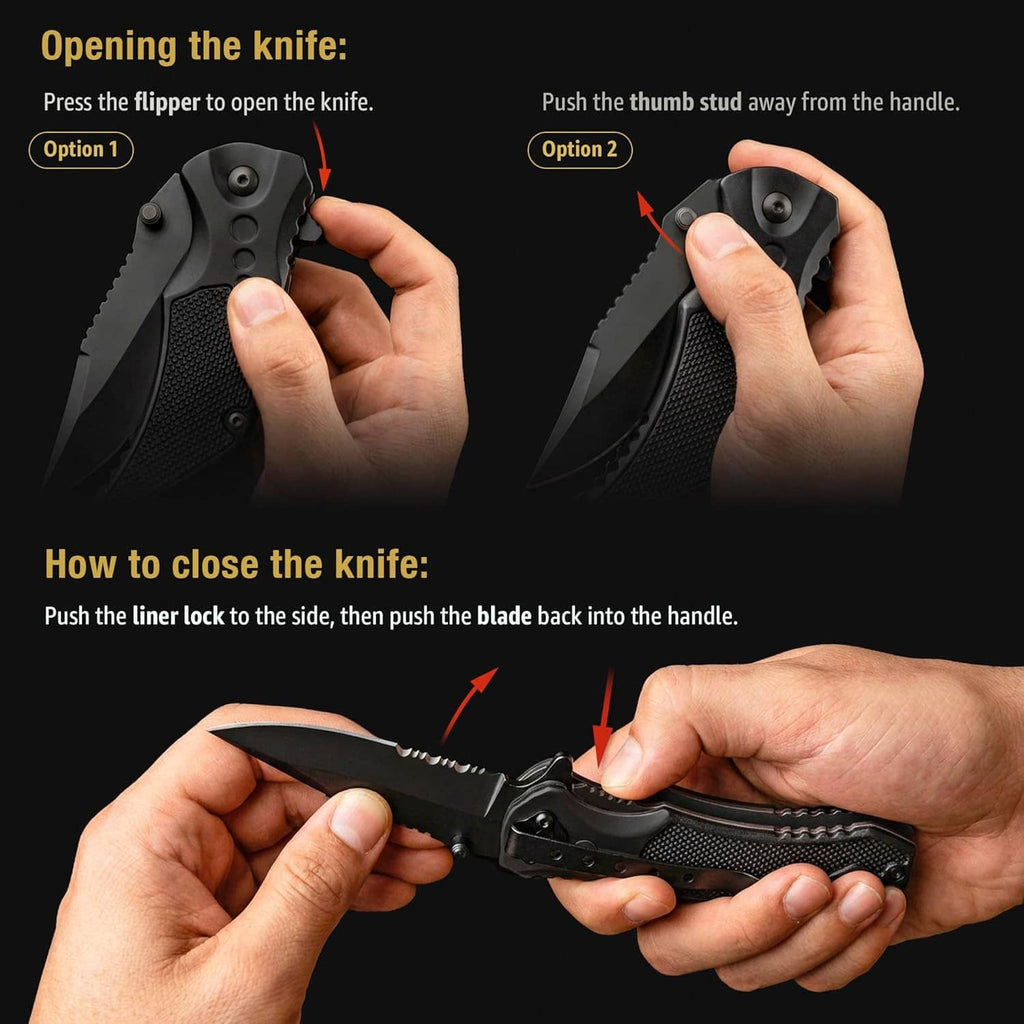 Folding pocket knife showing open and closed positions with black textured handle