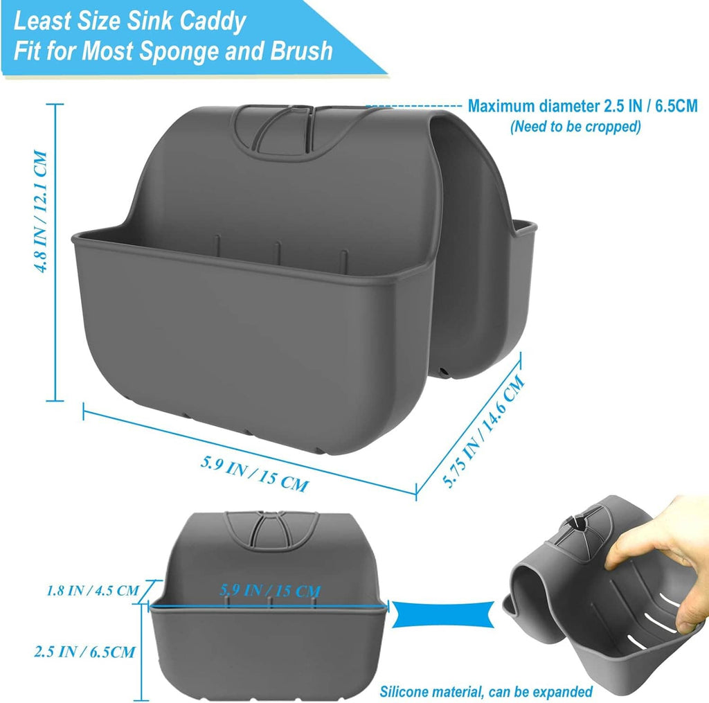 Gray silicone sink saddle caddy with front sponge holder and side hook