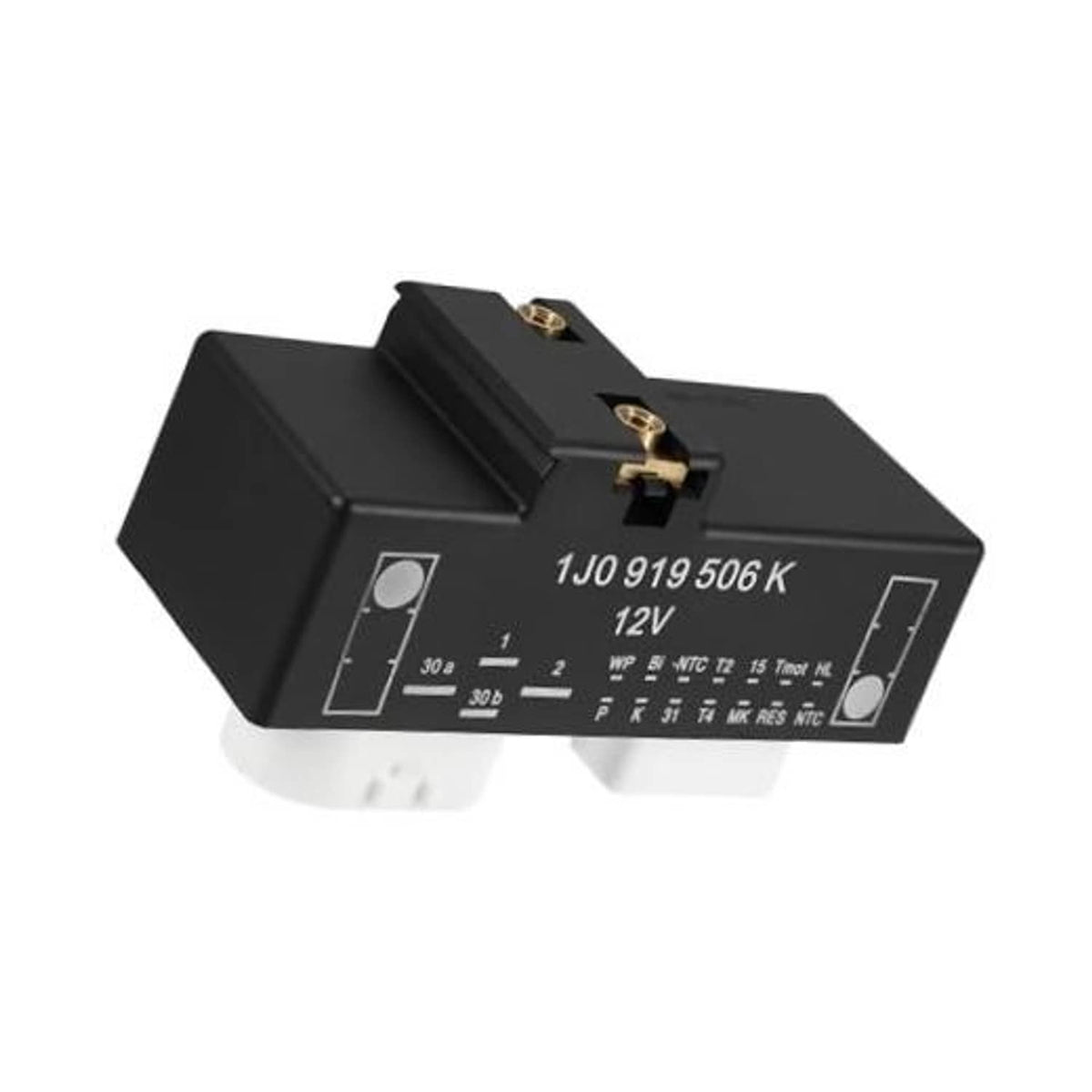 Black electric radiator cooling fan relay control module with mounting tab and terminals
